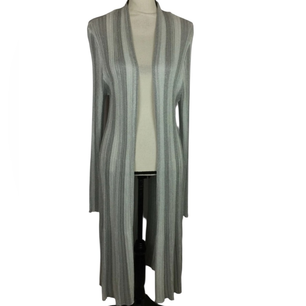 INC International Concepts Silver Metallic Stripe Ribbed Knit Duster Cardigan